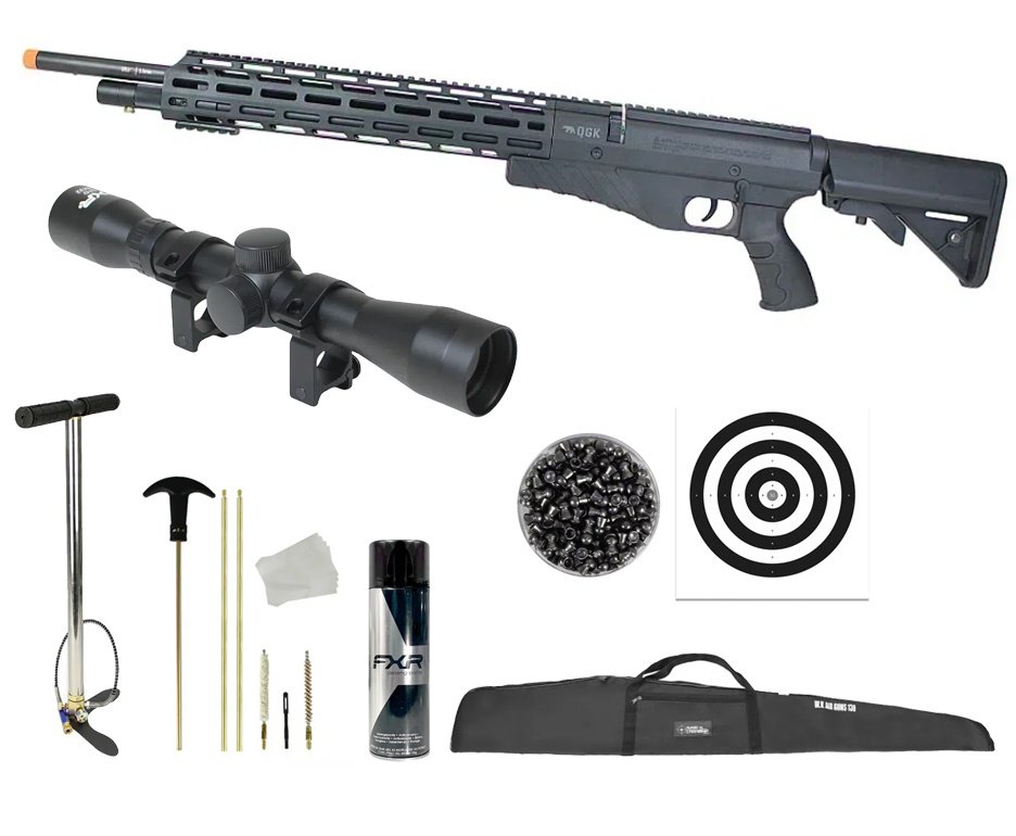 Carabina de Pressão PCP G850T 5.5mm Black - QGK + Bomba + Capa + Luneta 4x32 + Chumbo + Alvos + Desengripante/Anticorrosivo + Kit de Limpeza