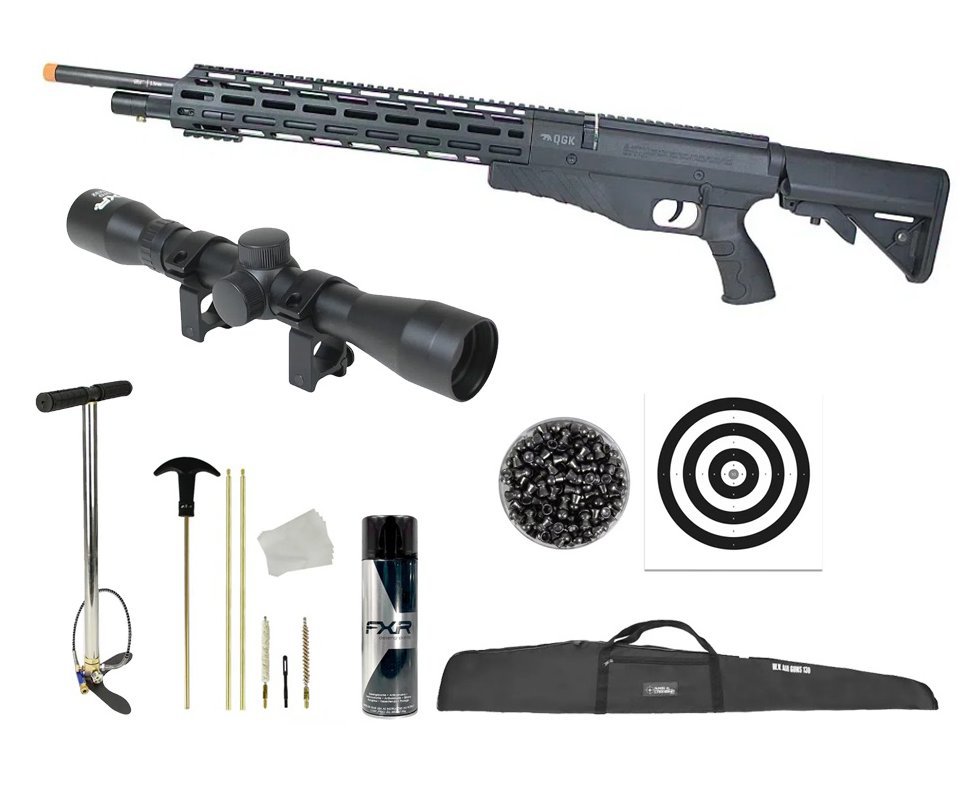 Carabina de Pressão PCP G850T 5.5mm Black - QGK + Bomba + Capa + Luneta 4x32 + Chumbo + Alvos + Desengripante/Anticorrosivo + Kit de Limpeza