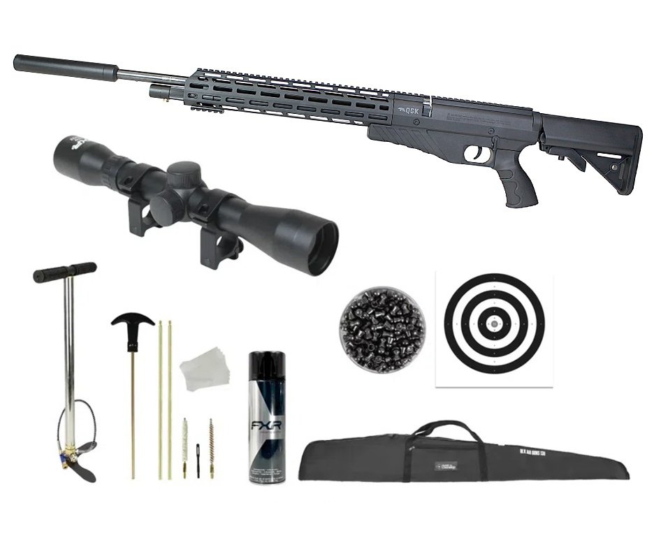 Carabina de Pressão PCP G850T 5.5mm Black - QGK + Bomba + Capa + Luneta 4x32 + Chumbo + Alvos + Desengripante/Anticorrosivo + Kit de Limpeza