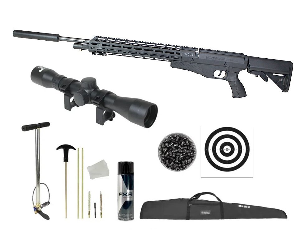 Carabina de Pressão PCP G850T 5.5mm Black - QGK + Bomba + Capa + Luneta 4x32 + Chumbo + Alvos + Desengripante/Anticorrosivo + Kit de Limpeza