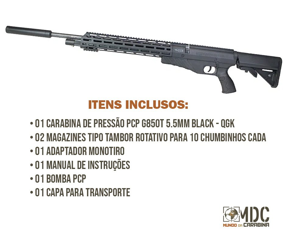 Carabina de Pressão PCP G850T 5.5mm Black - QGK + Bomba + Capa
