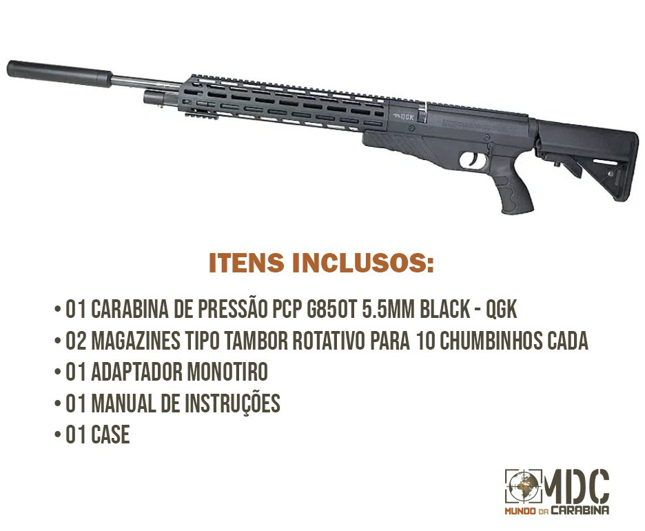 Carabina de Pressão PCP G850T 5.5mm Black - QGK + Case FXR