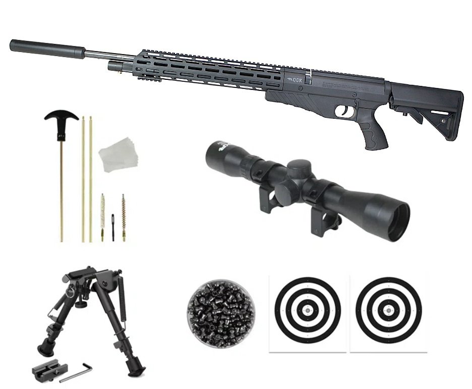 Carabina de Pressão PCP G850T 5.5mm Black - QGK + Luneta 4x32 + Chumbo + Alvos + Bipé Tatico  + Kit de Limpeza