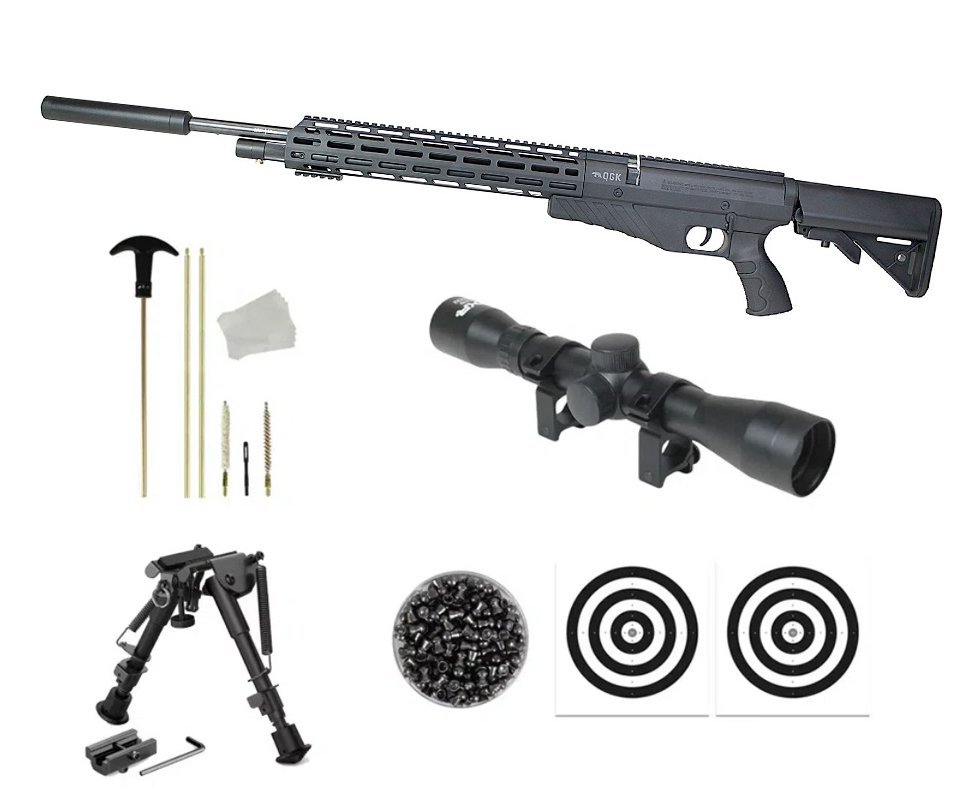 Carabina de Pressão PCP G850T 5.5mm Black - QGK + Luneta 4x32 + Chumbo + Alvos + Bipé Tatico + Kit de Limpeza