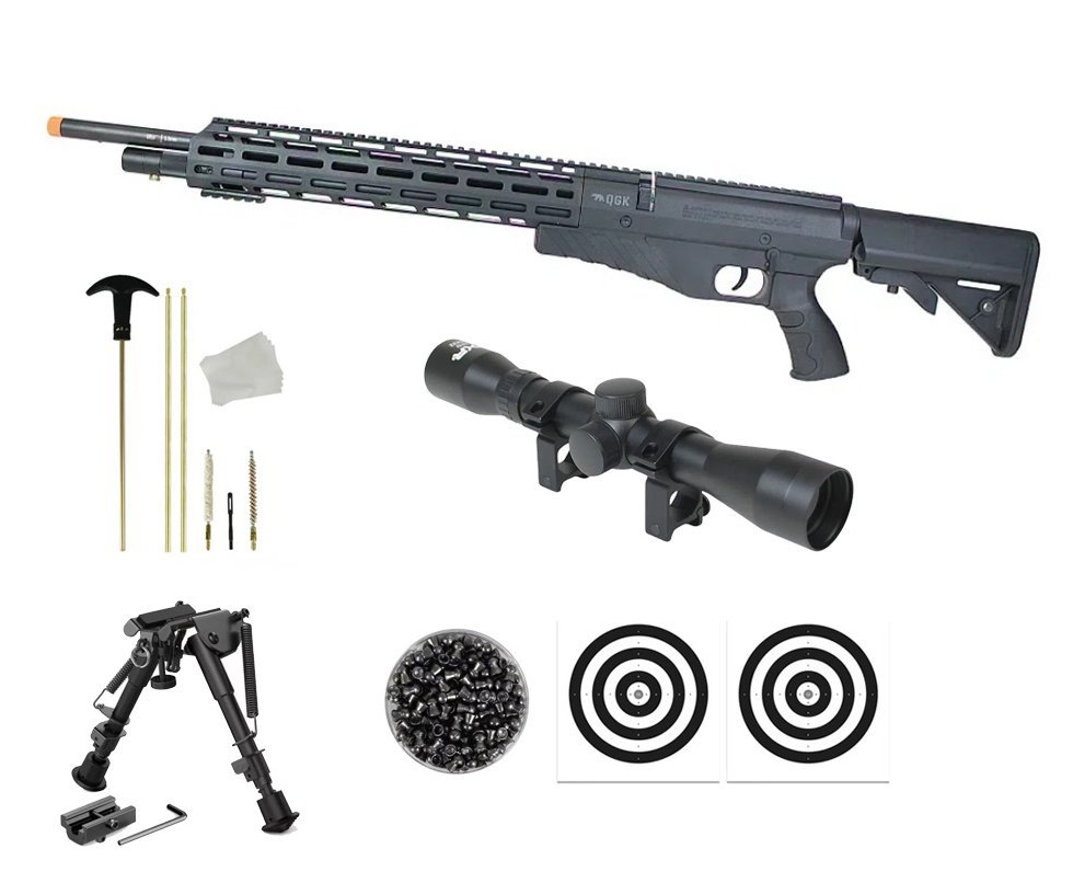 Carabina de Pressão PCP G850T 5.5mm Black - QGK + Luneta 4x32 + Chumbo + Alvos + Bipé Tatico + Kit de Limpeza
