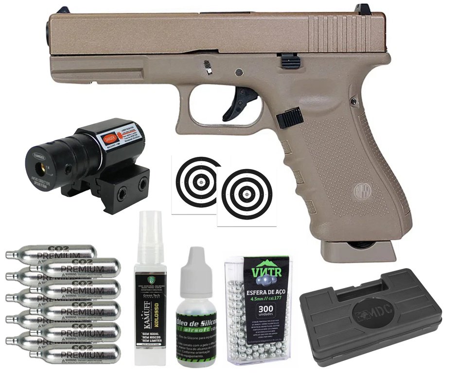 Pistola de Pressão CO2 Rossi G17 Tan 4,5mm + Co2 + BBS + Case + Alvos + Kamuff + Óleo + Laser