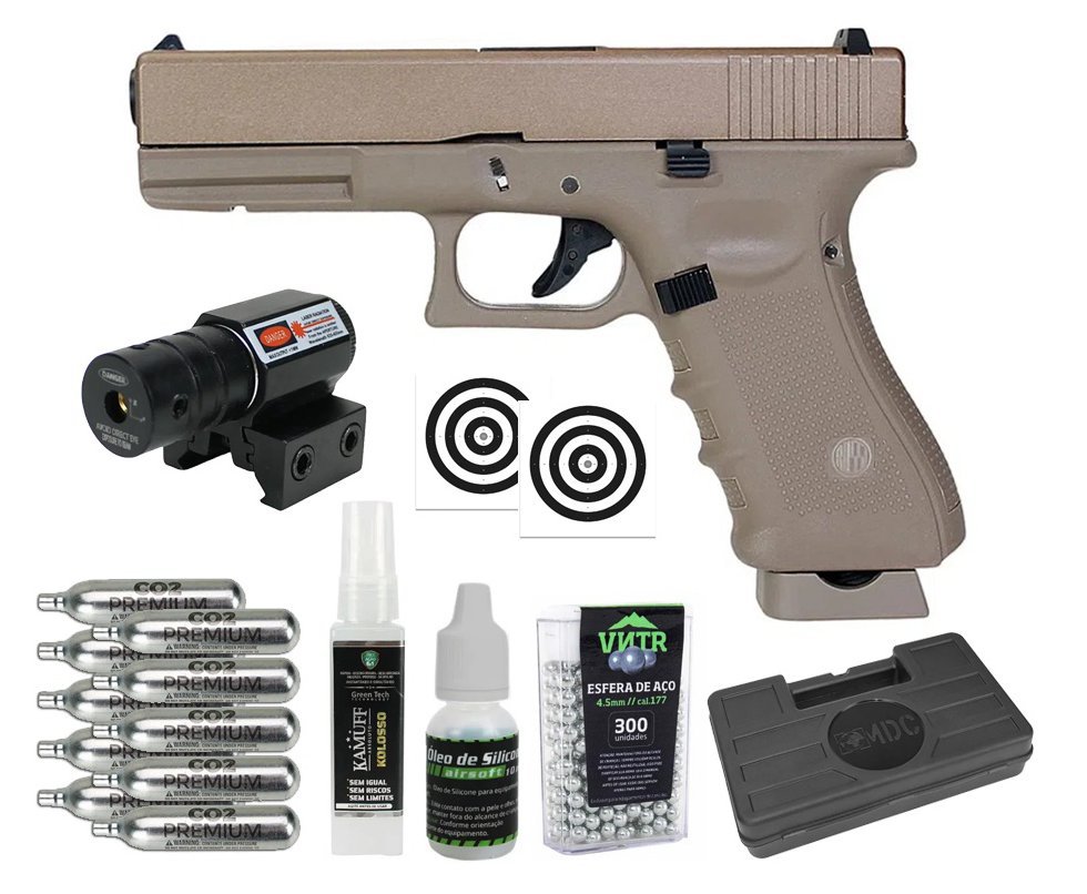 Pistola de Pressão CO2 Rossi G17 Tan 4,5mm + Co2 + BBS + Case + Alvos + Kamuff + Óleo + Laser