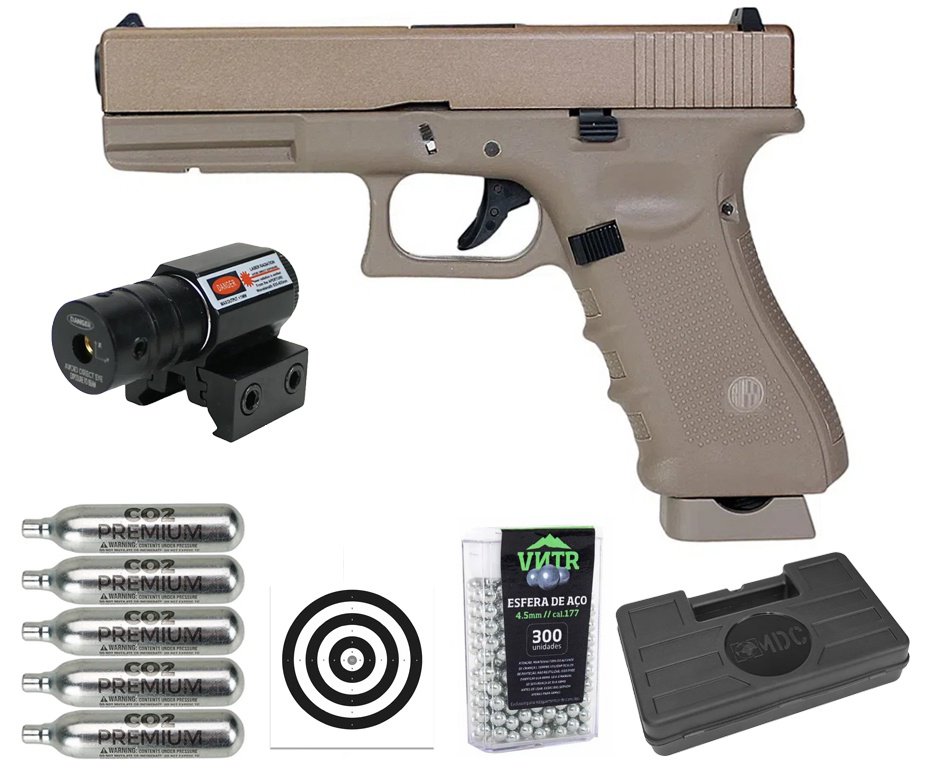 Pistola de Pressão CO2 Rossi G17 Tan 4,5mm + Co2 + BBS + Case + Alvos + Laser