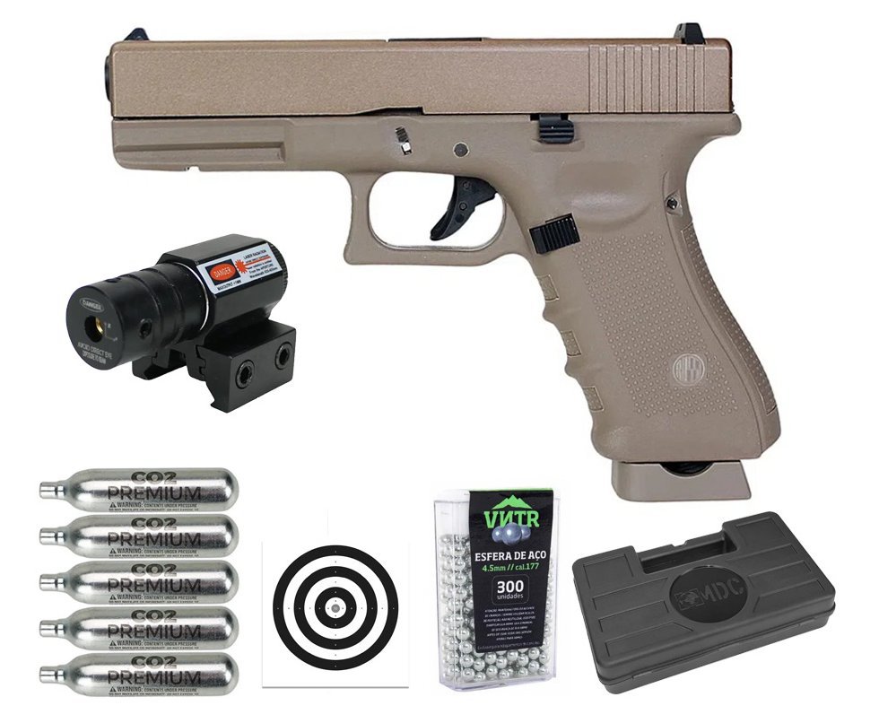 Pistola de Pressão CO2 Rossi G17 Tan 4,5mm + Co2 + BBS + Case + Alvos + Laser