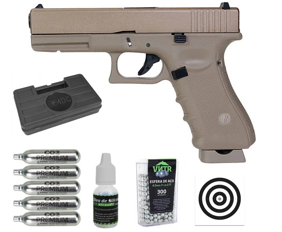 Pistola de Pressão CO2 Rossi G17 Tan 4,5mm + Co2 + BBS + Case + Alvos + Óleo