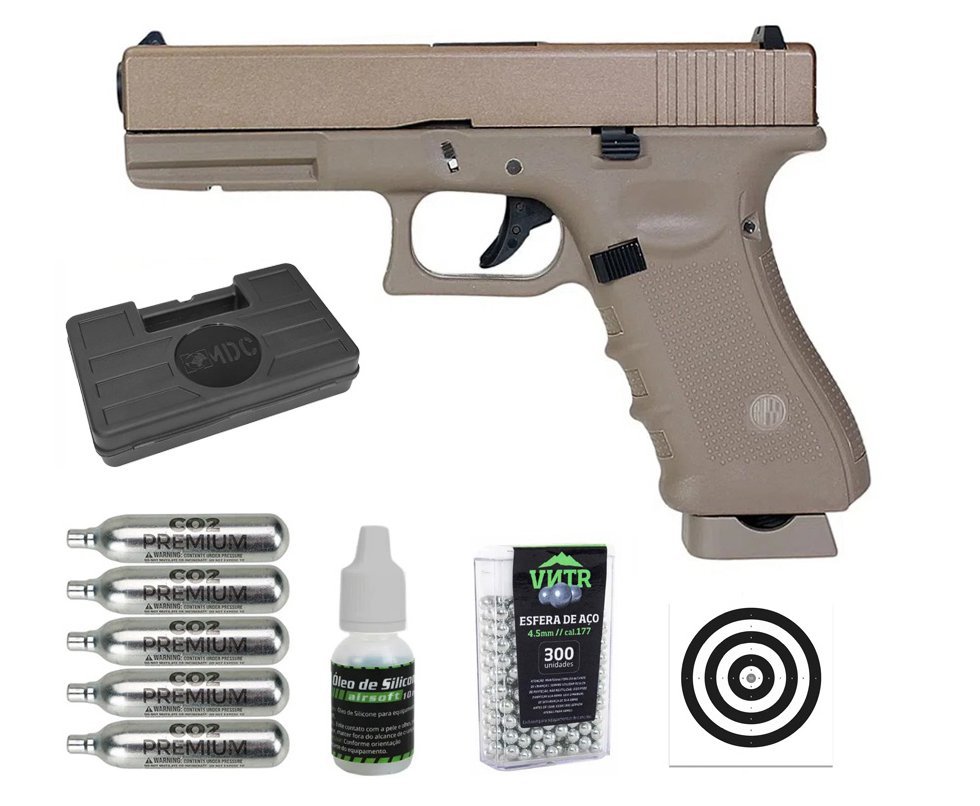 Pistola de Pressão CO2 Rossi G17 Tan 4,5mm + Co2 + BBS + Case + Alvos + Óleo
