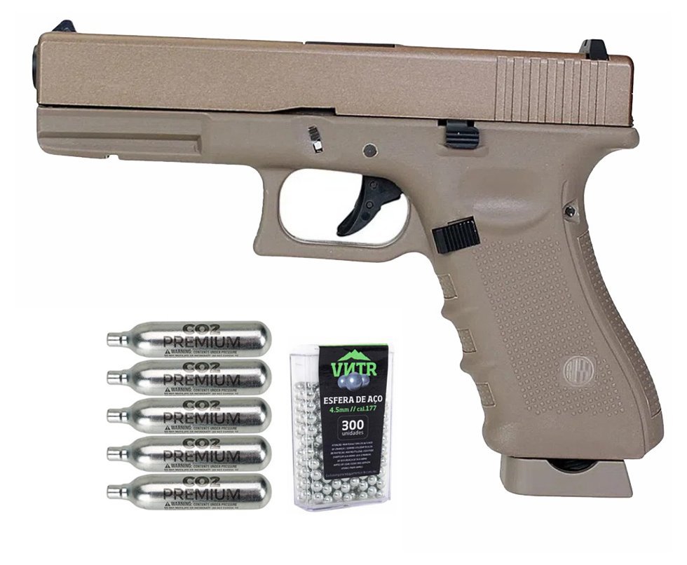 Pistola de Pressão CO2 Rossi G17 Tan 4,5mm + Co2 + BBS
