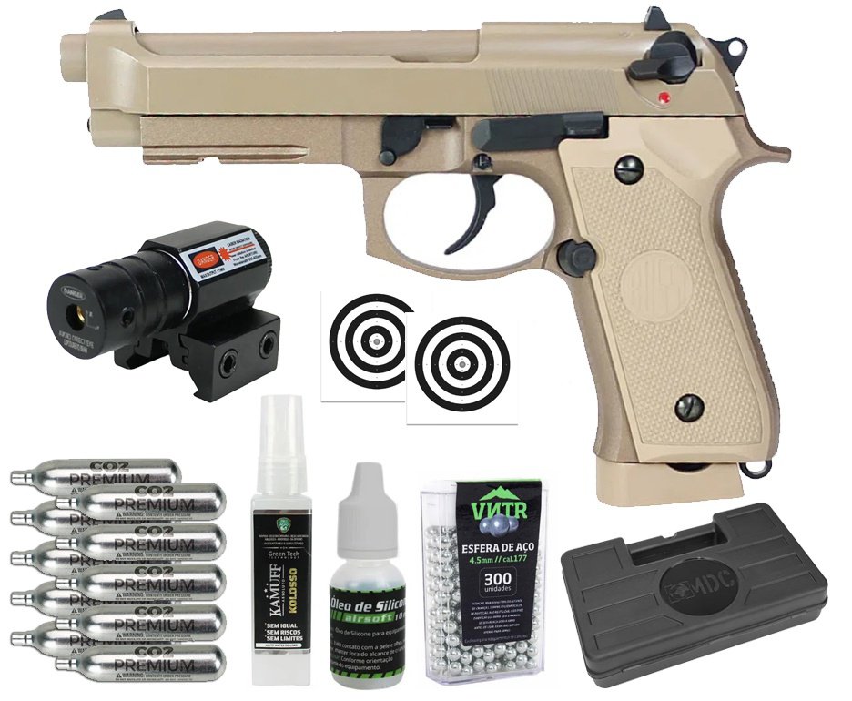 Pistola de Pressão CO2 Rossi M92 Tan 4,5mm + Co2 + BBS + Case + Alvos + Kamuff + Óleo + Laser