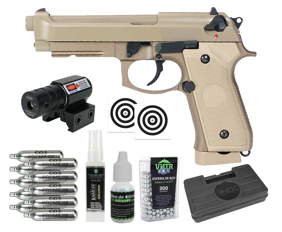 Pistola de Pressão CO2 Rossi M92 Tan 4,5mm + Co2 + BBS + Case + Alvos + Kamuff + Óleo + Laser