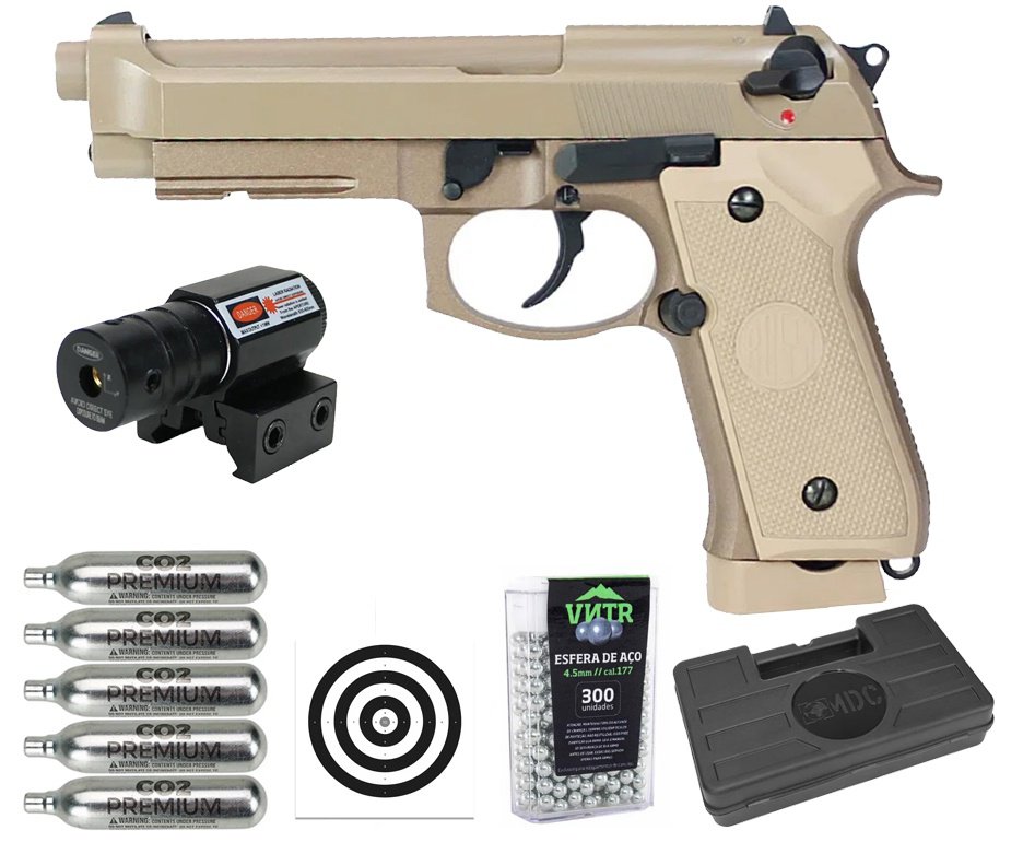 Pistola de Pressão CO2 Rossi M92 Tan 4,5mm + Co2 + BBS + Case + Alvos + Laser