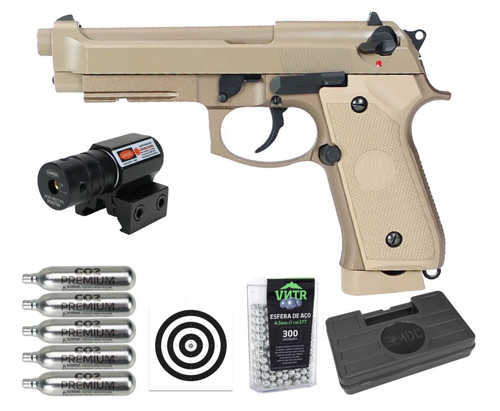 Pistola de Pressão CO2 Rossi M92 Tan 4,5mm + Co2 + BBS + Case + Alvos + Laser
