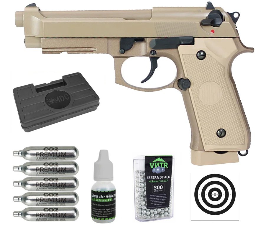 Pistola de Pressão CO2 Rossi M92 Tan 4,5mm + Co2 + BBS + Case + Alvos + Óleo