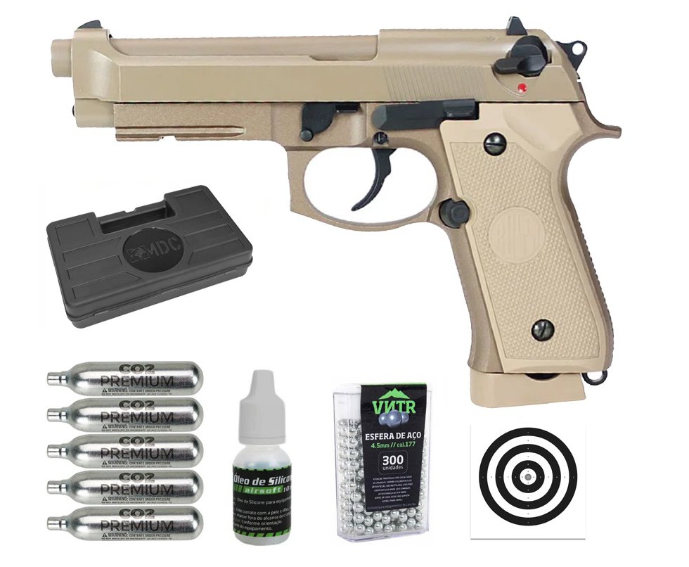Pistola de Pressão CO2 Rossi M92 Tan 4,5mm + Co2 + BBS + Case + Alvos + Óleo