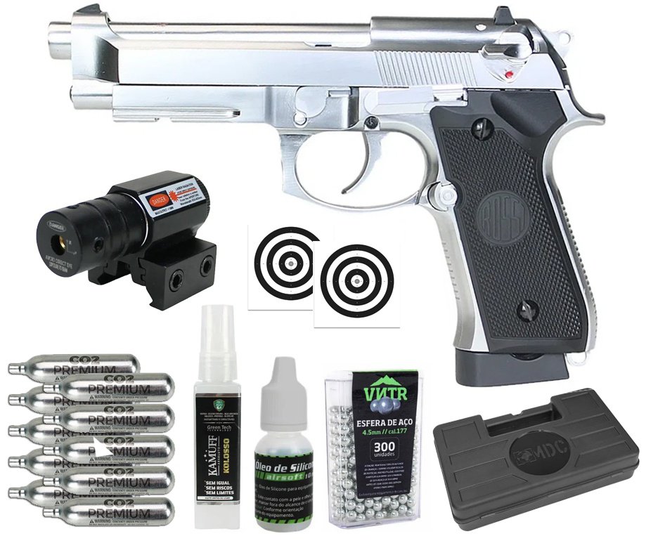 Pistola de Pressão CO2 Rossi M92 Silver 4,5mm + Co2 + BBS + Case + Alvos + Kamuff + Óleo + Laser
