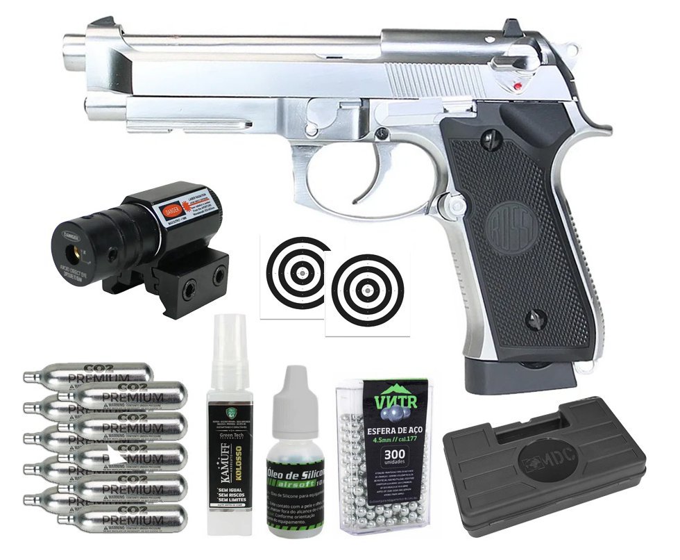 Pistola de Pressão CO2 Rossi M92 Silver 4,5mm + Co2 + BBS + Case + Alvos + Kamuff + Óleo + Laser