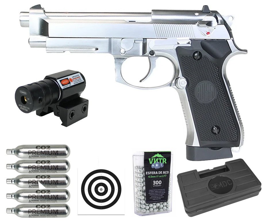 Pistola de Pressão CO2 Rossi M92 Silver 4,5mm + Co2 + BBS + Case + Alvos + Laser