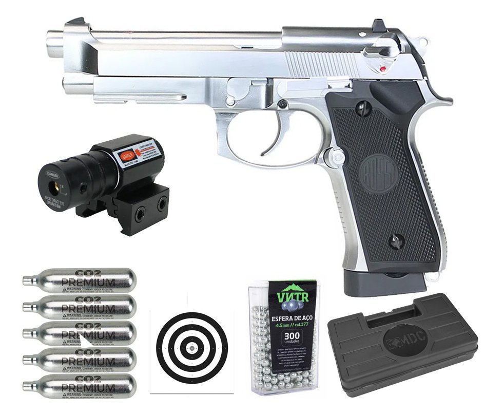 Pistola de Pressão CO2 Rossi M92 Silver 4,5mm + Co2 + BBS + Case + Alvos + Laser