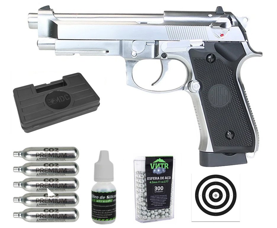 Pistola de Pressão CO2 Rossi M92 Silver 4,5mm + Co2 + BBS + Case + Alvos + Óleo