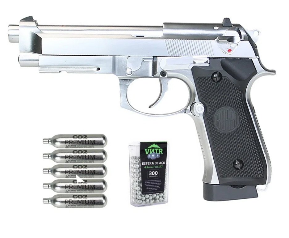 Pistola de Pressão Gás CO2 Rossi Beretta M92 Silver 4,5mm Full Metal Blowback + Co2 + BBS