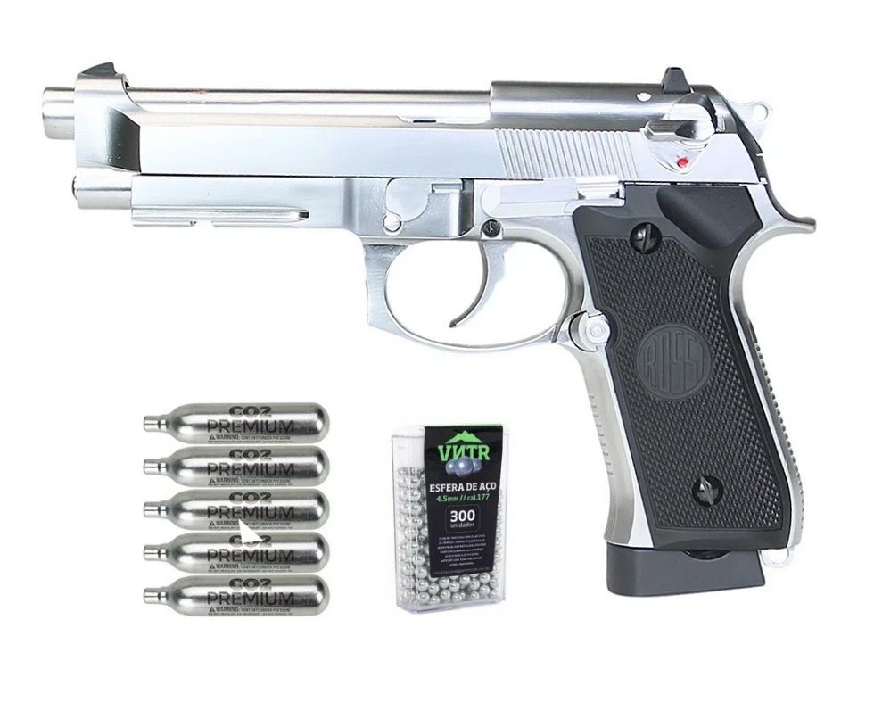 Pistola de Pressão Gás CO2 Rossi Beretta M92 Silver 4,5mm Full Metal Blowback + Co2 + BBS