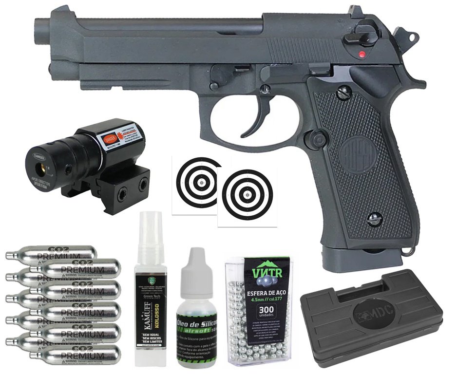 Pistola de Pressão CO2 Rossi M92 Blowback 4,5mm + Co2 + BBS + Case + Alvos + Kamuff + Óleo + Laser