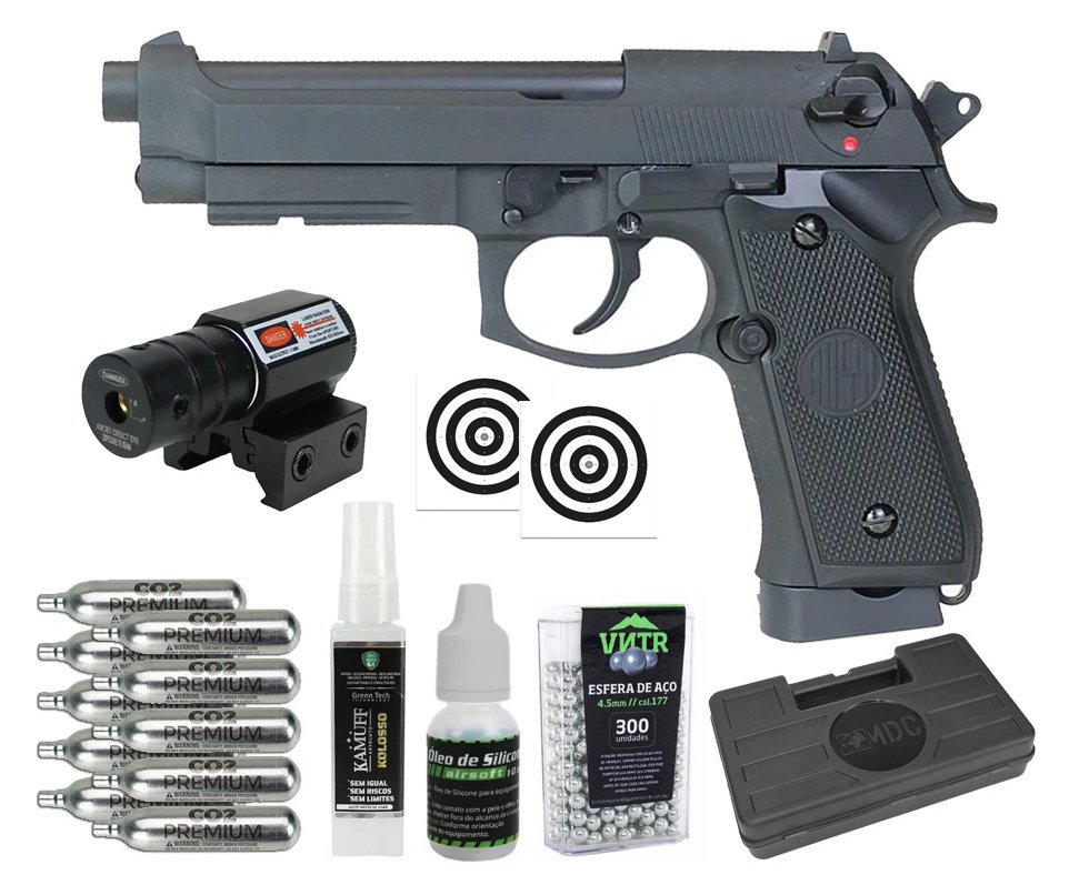 Pistola de Pressão CO2 Rossi M92 Blowback 4,5mm + Co2 + BBS + Case + Alvos + Kamuff + Óleo + Laser