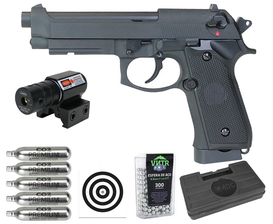 Pistola de Pressão CO2 Rossi M92 Blowback 4,5mm + Co2 + BBS + Case + Alvos + Laser
