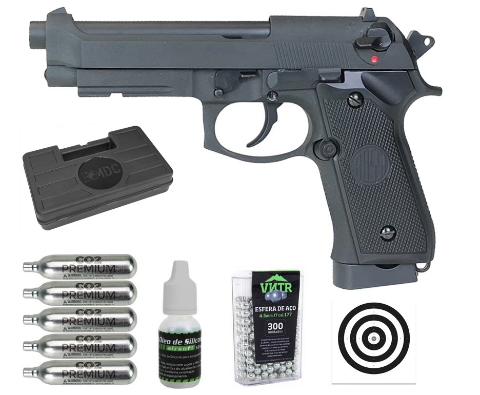 Pistola de Pressão CO2 Rossi M92 Blowback 4,5mm + Co2 + BBS + Case + Alvos + Óleo