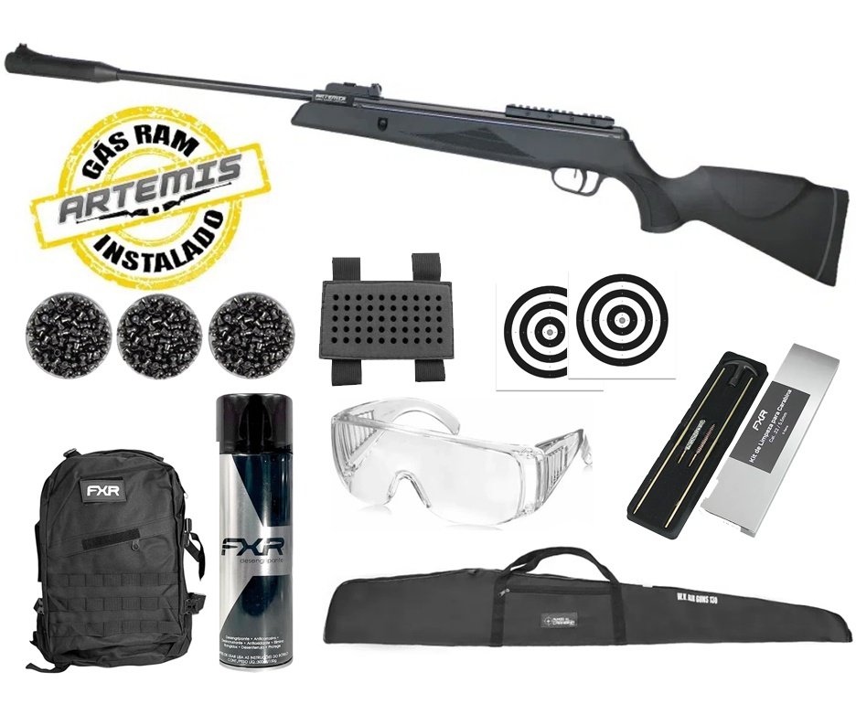 Carabina De Pressão Black Hawk Gas Ram 70kg 5.5mm Artemis + Capa + Alvos + Desengripante / Anticorrosivo + Kit de Limpeza + Chumbinho + Mochila FXR + Porta Chumbo + Óculos