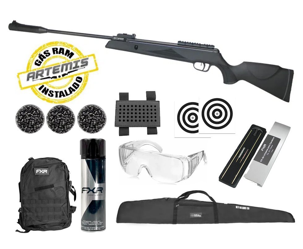 Carabina De Pressão Black Hawk Gas Ram 70kg 5.5mm Artemis + Capa + Alvos + Desengripante / Anticorrosivo + Kit de Limpeza + Chumbinho + Mochila FXR + Porta Chumbo + Óculos
