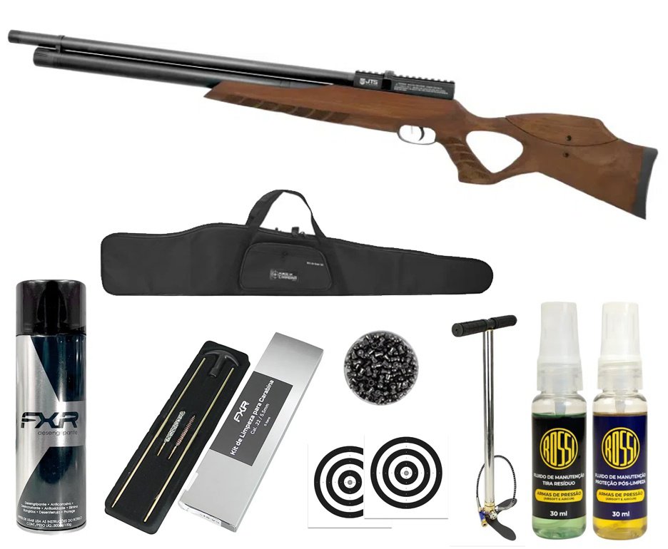Carabina de Pressão PCP JTS Airacuda Max 5.5mm - FXR + Bomba + Capa + Luneta 3-9x40 + Chumbos + Alvos + Kit de Limpeza + Desengripante / Anticorrosivo + Kit Fluido