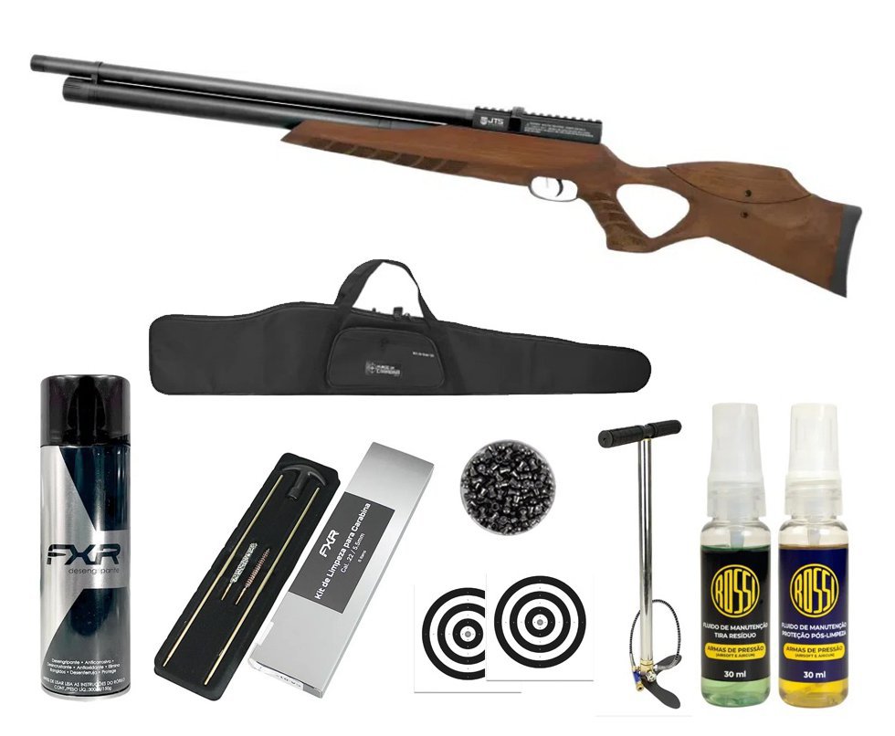 Carabina de Pressão PCP JTS Airacuda Max 5.5mm - FXR + Bomba + Capa + Luneta 3-9x40 + Chumbos + Alvos + Kit de Limpeza + Desengripante / Anticorrosivo + Kit Fluido