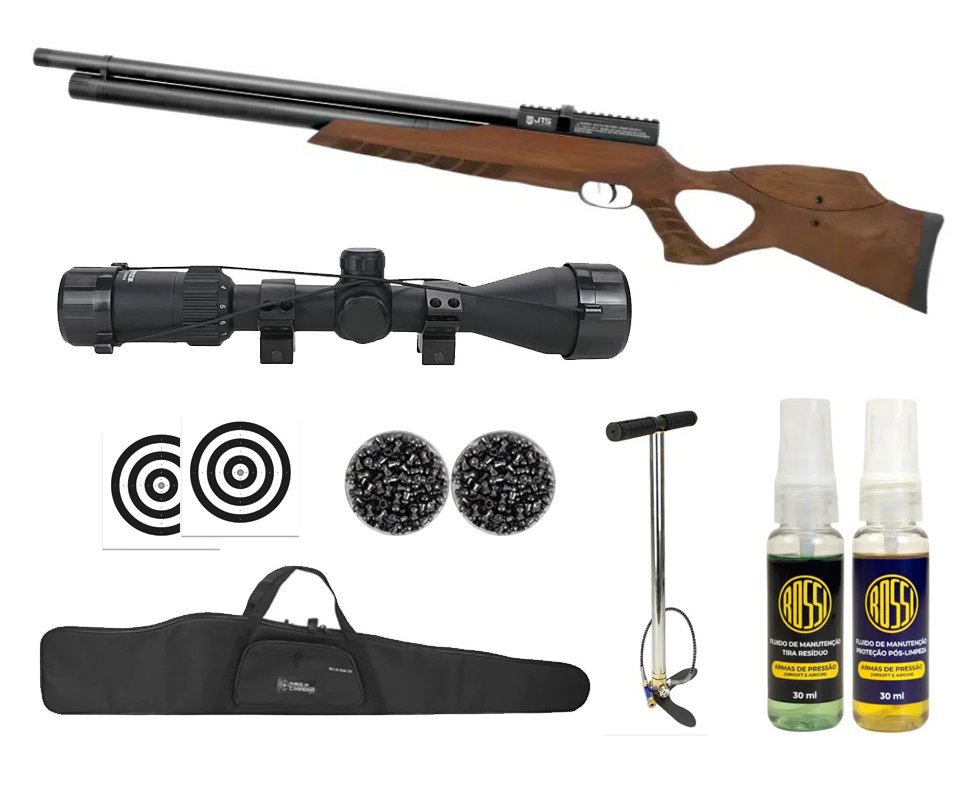 Carabina de Pressão PCP JTS Airacuda Max 5.5mm - FXR + Bomba + Capa + Luneta 3-9x40 + Chumbos + Alvos + Kit Fluido