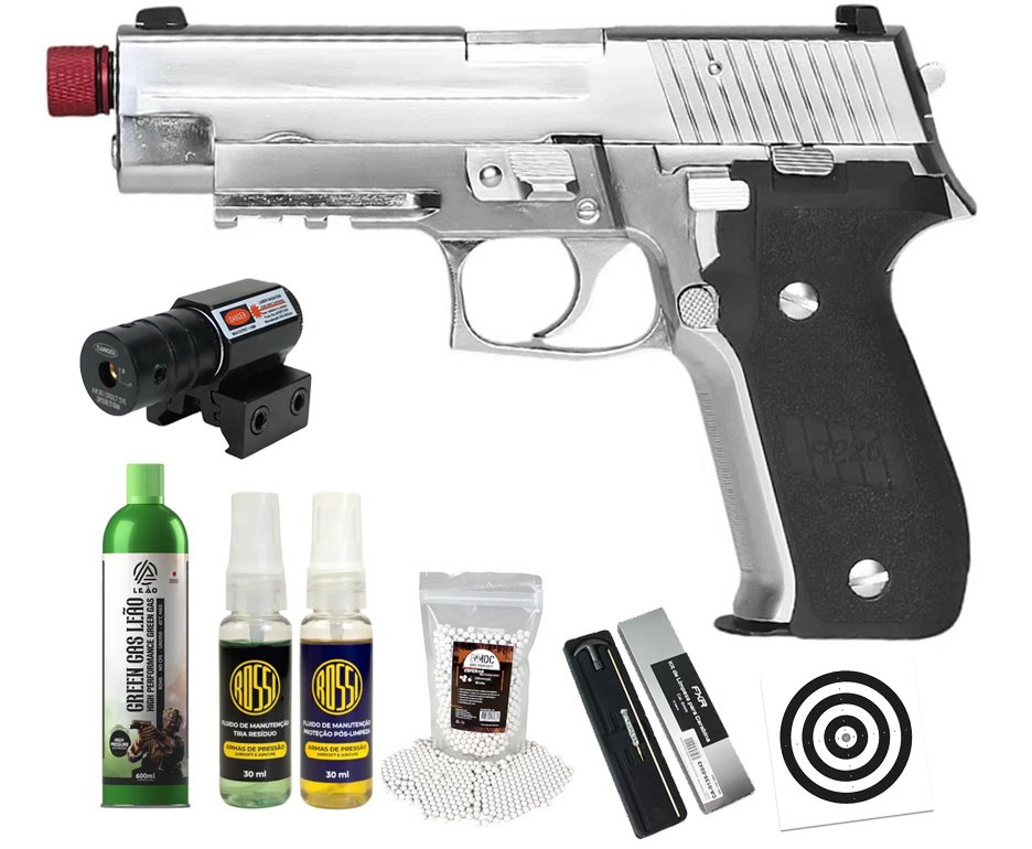 Pistola de Airsoft Rossi Gás GBB P226 Silver 6mm Blowback + GBB + BBS + Alvos + Kit Fluido + Laser + Kit de Limpeza