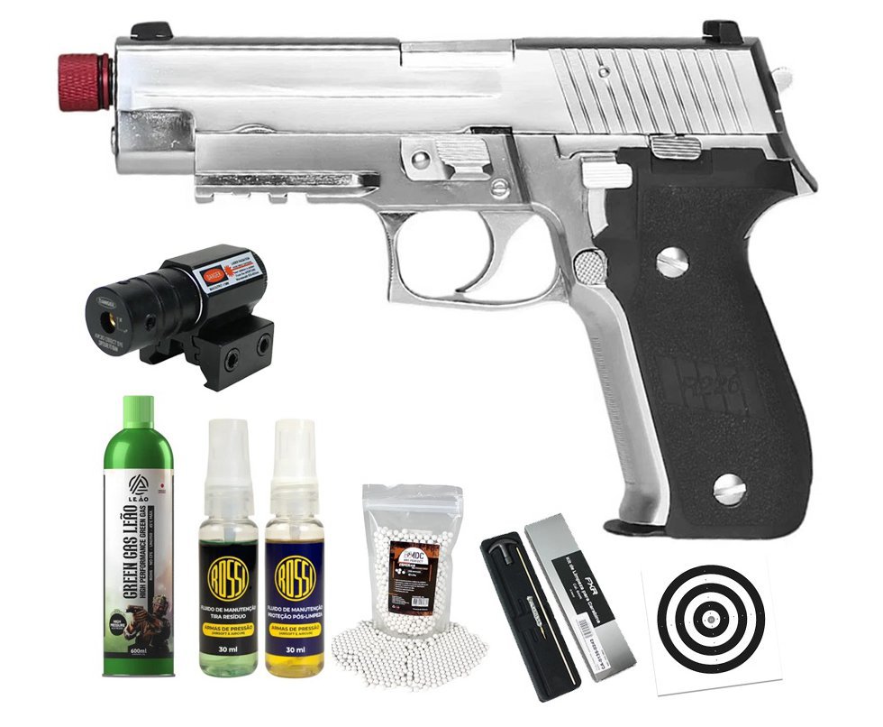 Pistola de Airsoft Rossi Gás GBB P226 Silver 6mm Blowback + GBB + BBS + Alvos + Kit Fluido + Laser + Kit de Limpeza