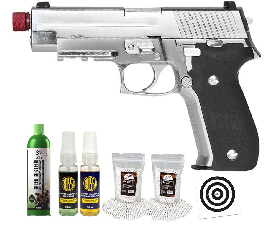 Pistola de Airsoft Rossi Gás GBB P226 Silver 6mm Blowback + GBB + BBS + Alvos + Kit Fluido