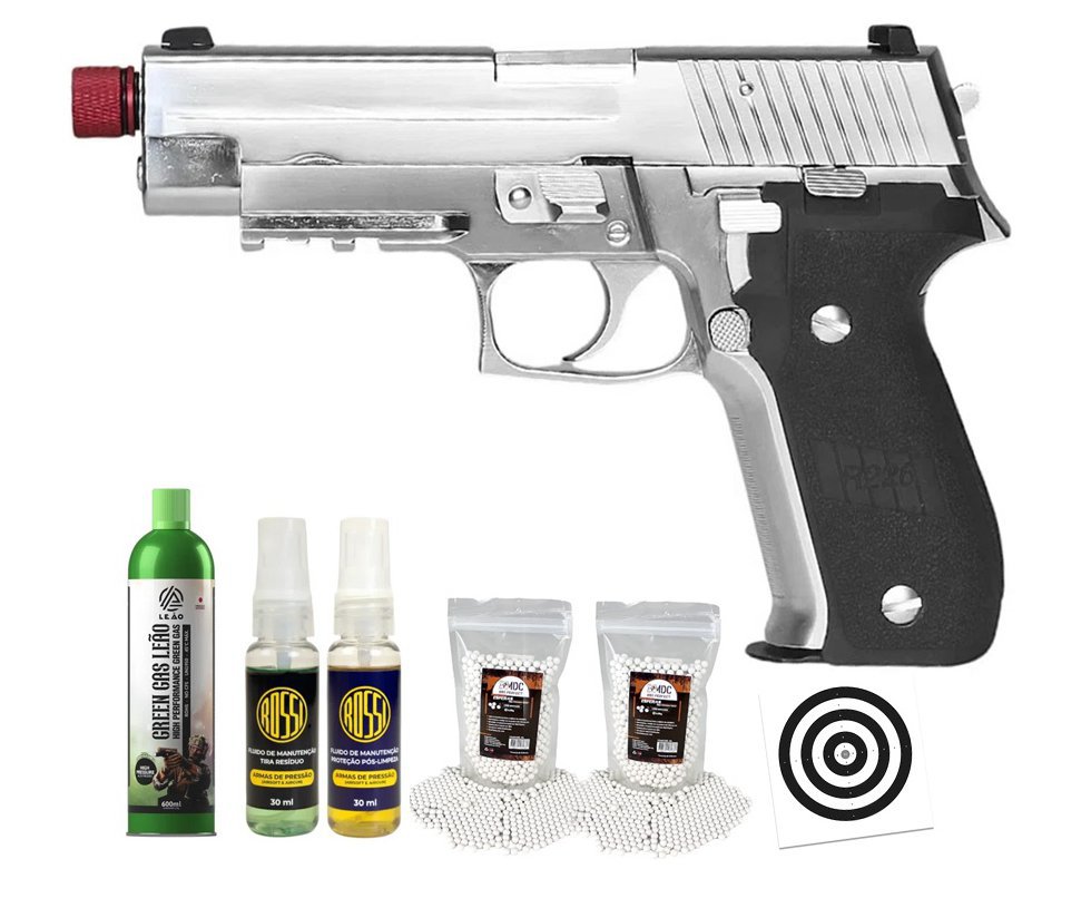 Pistola de Airsoft Rossi Gás GBB P226 Silver 6mm Blowback + GBB + BBS + Alvos + Kit Fluido
