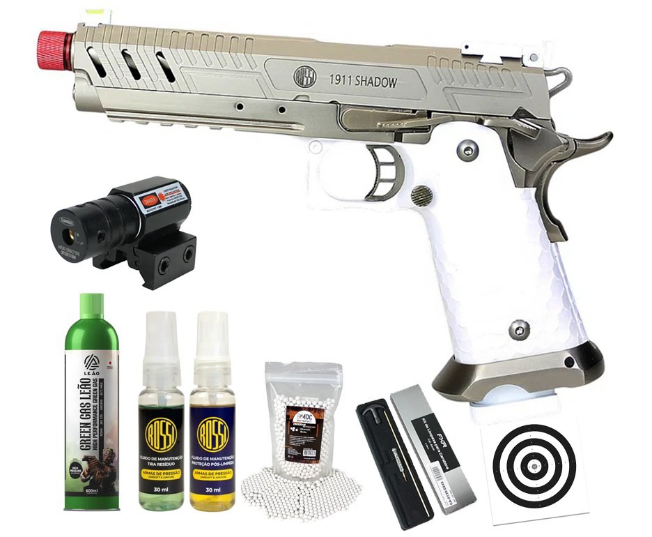 Pistola de Airsoft Rossi GBB 1911 Shadow White 6mm + GBB + BBS + Alvos + Kit Fluido + Laser + Kit de Limpeza