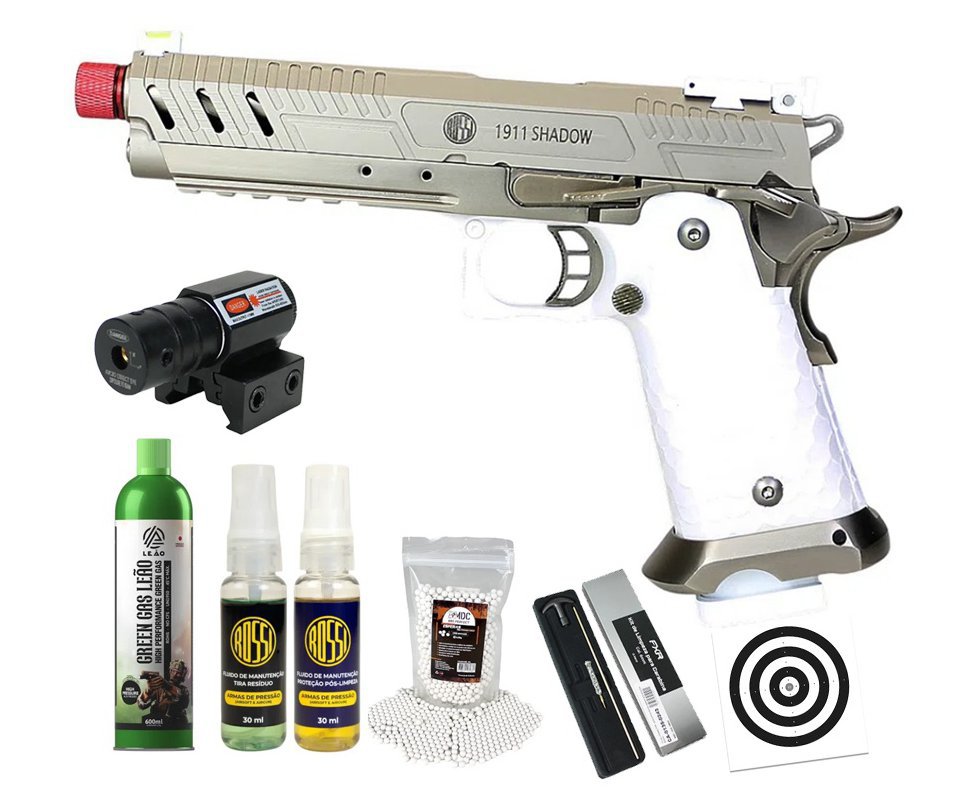 Pistola de Airsoft Rossi GBB 1911 Shadow White 6mm + GBB + BBS + Alvos + Kit Fluido + Laser + Kit de Limpeza