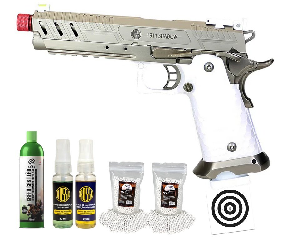 Pistola de Airsoft Rossi GBB 1911 Shadow White 6mm + GBB + BBS + Alvos + Kit Fluido