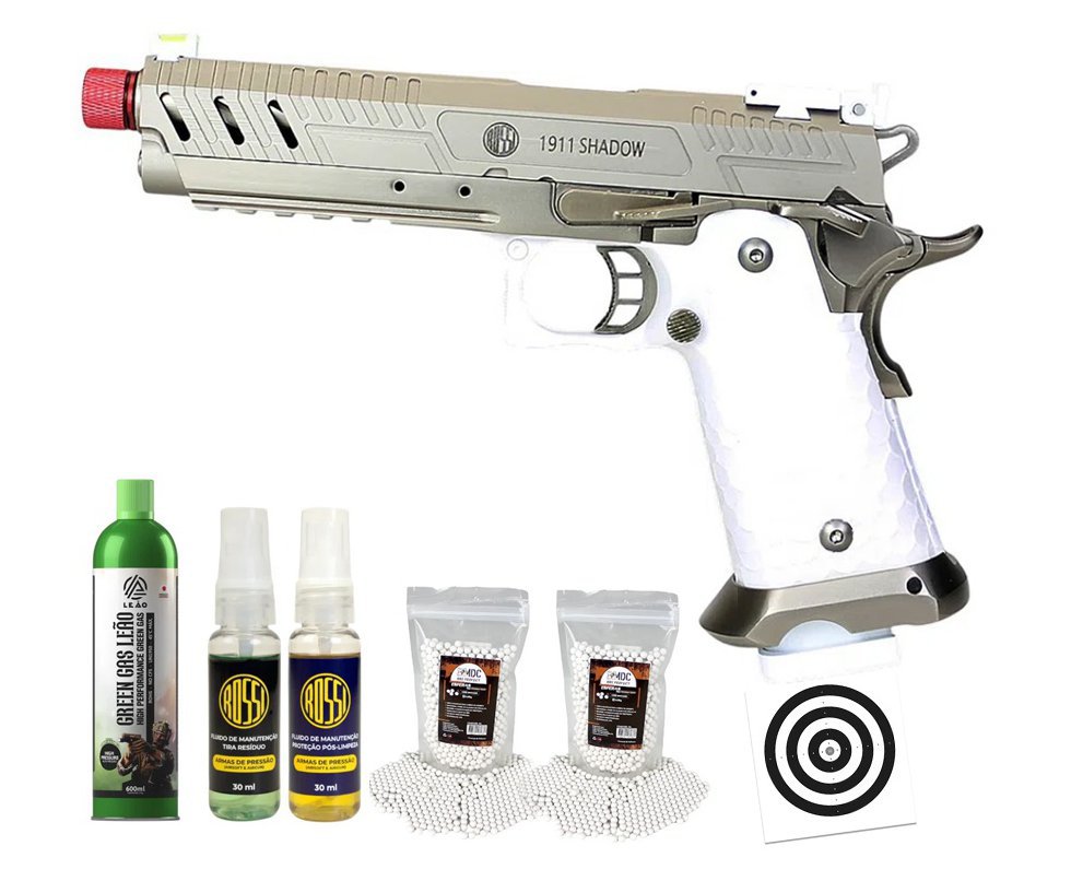 Pistola de Airsoft Rossi GBB 1911 Shadow White 6mm + GBB + BBS + Alvos + Kit Fluido
