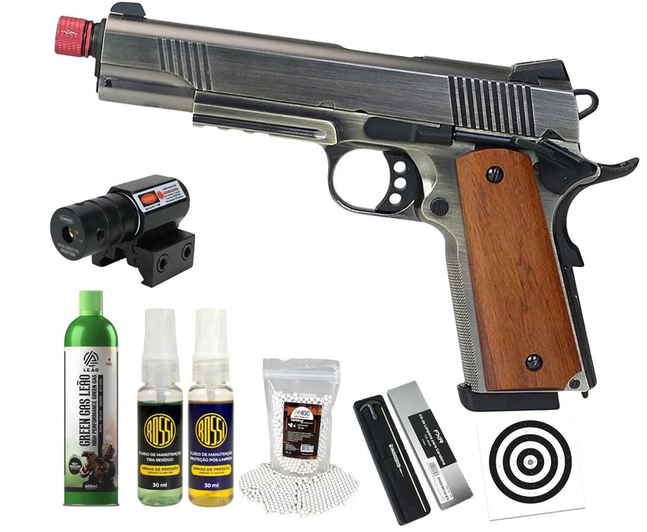 Pistola de Airsoft GBB Rossi 1911 Silver Wood 6mm Full Metal Blowback + GBB + BBS + Alvos + Kit Fluido + Laser + Kit de Limpeza