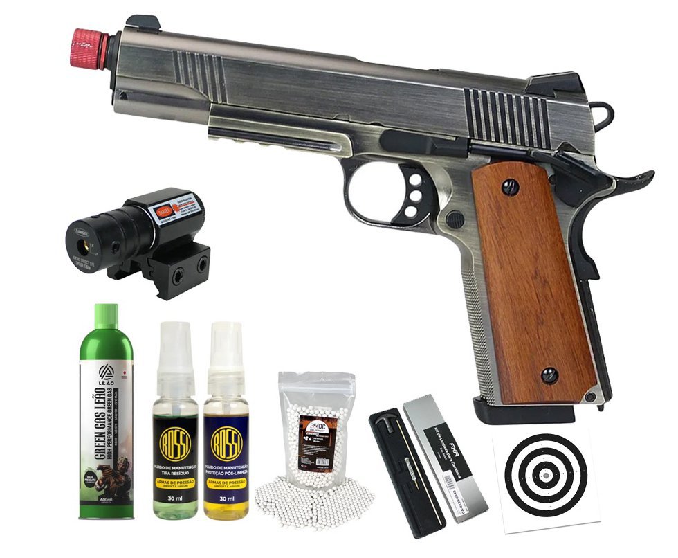Pistola de Airsoft GBB Rossi 1911 Silver Wood 6mm Full Metal Blowback + GBB + BBS + Alvos + Kit Fluido + Laser + Kit de Limpeza