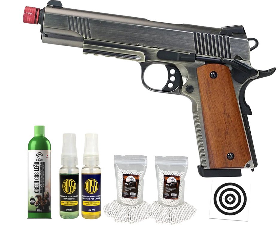 Pistola de Airsoft GBB Rossi 1911 Silver Wood 6mm Full Metal Blowback + GBB + BBS + Alvos + Kit Fluido