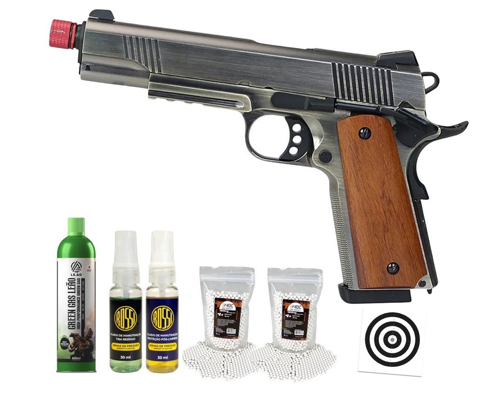 Pistola de Airsoft GBB Rossi 1911 Silver Wood 6mm Full Metal Blowback + GBB + BBS + Alvos + Kit Fluido